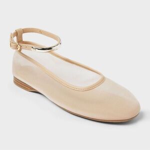 NWT Mesh Ankle Strap Ballet Flats-Beige & gold